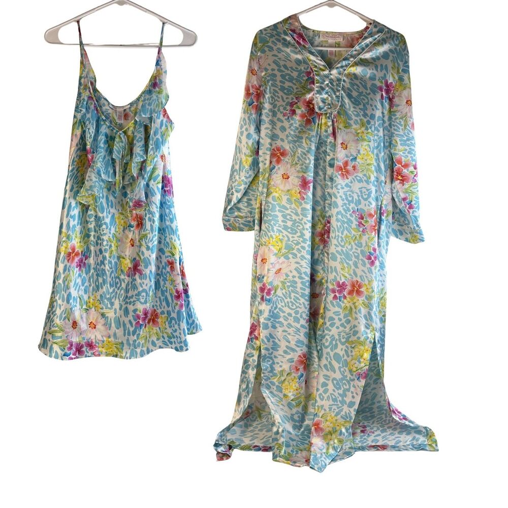 Oscar de la Renta Pink Label L Floral Satin Nightgown Slip Chemise + Housedress